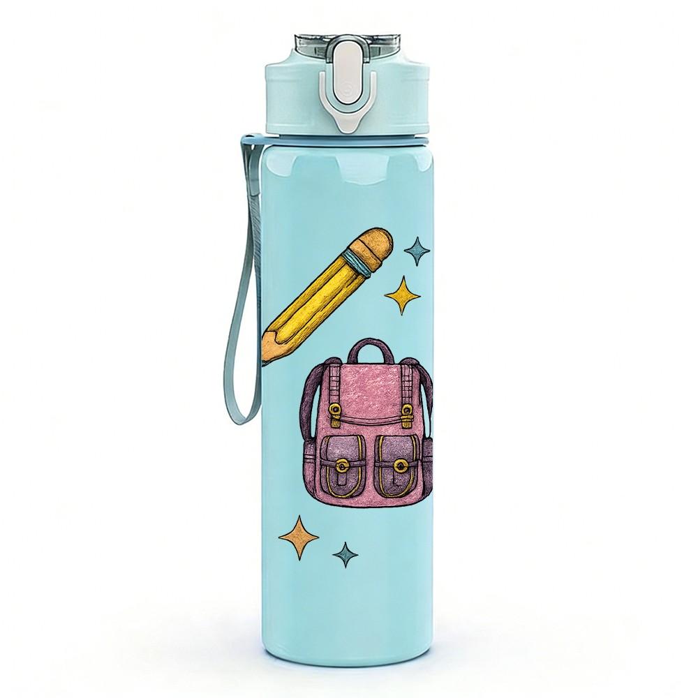 1PC School Bag Globe Bow Pattern 750ml Color Plastic Sports Water Bottle Leakproof Flip Straw Lid Suitable for Sports Office Home Use