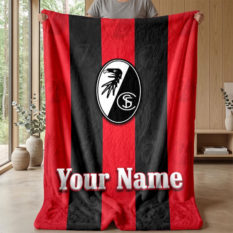 SC Freiburg FC Custom Name Text Flannel Blanket Soccer Logo Personalized Fleece Throw Blanket Special Gift For Sofa Bedroom Home