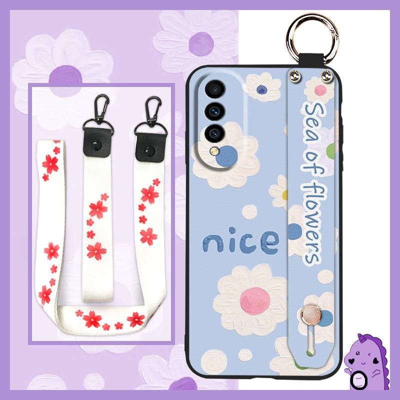 Waterproof Silicone Phone Case For Wiko T50 Ring Phone Holder Dirt-resistant Flower Lanyard Wrist Strap Wristband