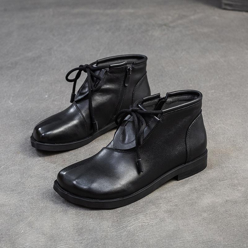 Johnature Retro Versatile Flat Short Boots Comfortable Commuting Casual Genuine Leather Women's Shoes