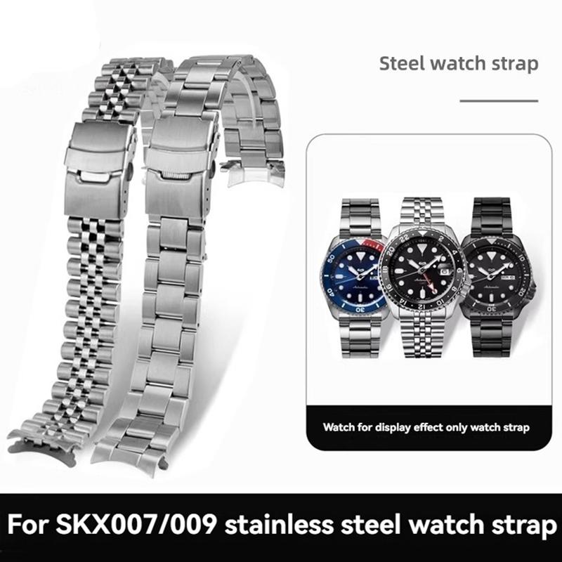 For Seiko No. 5 Stainless Steel Watch Strap SKX007 SKX009 SRP599 Curved End Watchband 20mm 22mm Metal Watch Chain Silver Black