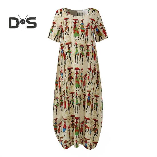 

Женское летнее повседневное платье макси с коротким рукавом и круглым вырезом, длинное пляжное платье с этническим принтом XXL абрикосовый