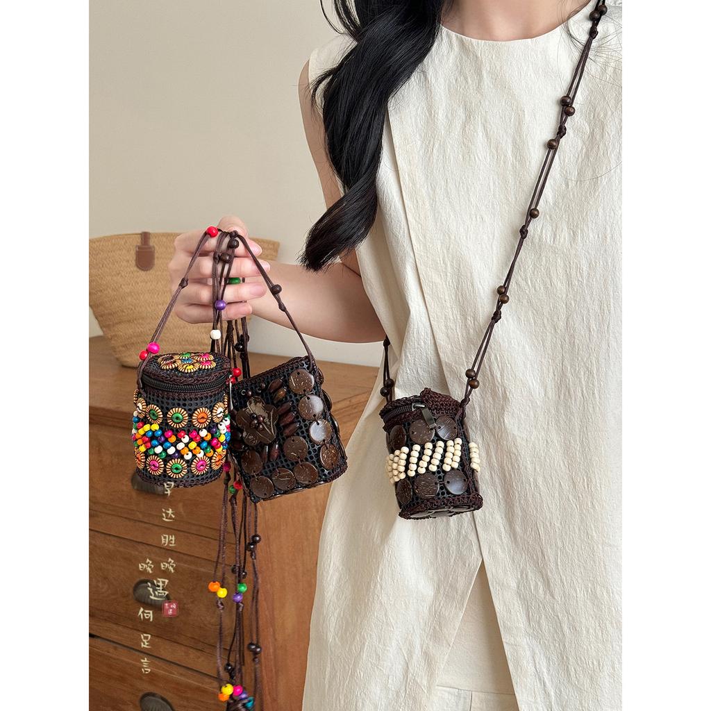 2025 New Bohemian Ethnic Style Handmade Coconut Shell Mini Coin Purse - Vintage & Unique Design Hand - Woven for Women