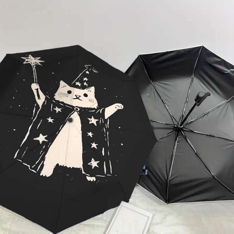 Magic Cat Wizard Umbrella, holding a magic wand. Perfect for outdoor adventures, this automatic opening/closing umbrella