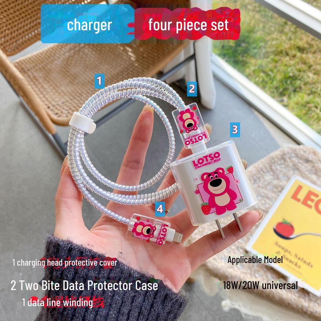 Apple Data Cable Protection Kit: 20W Charging Head, Transparent Cartoon Design, 4-Piece Set