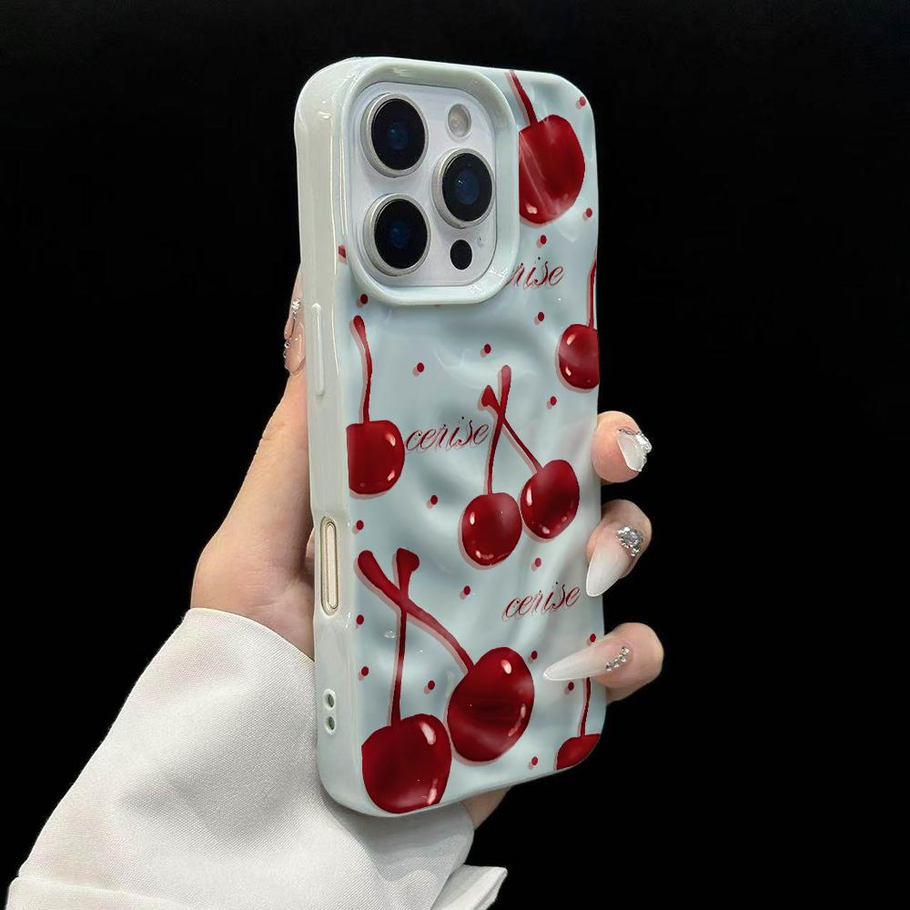 Korean Cherry Pattern Phone Case For iPhone 17 16 15 14 13 12 11 Pro Max 14 15 Plus 17 Air Wrinkle Wave Soft Silicone Drop Cover
