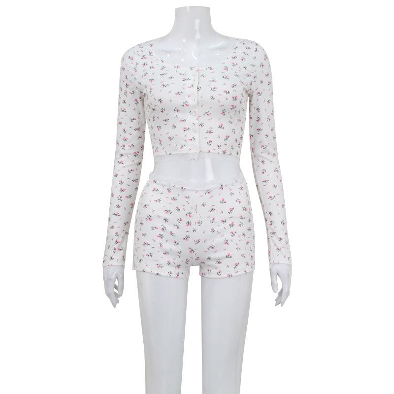 

Европейский и американский женский кардиган с длинным рукавом и кружевной отделкой и комплект цветочных шорт - Летняя повседневная домашняя одежда Small