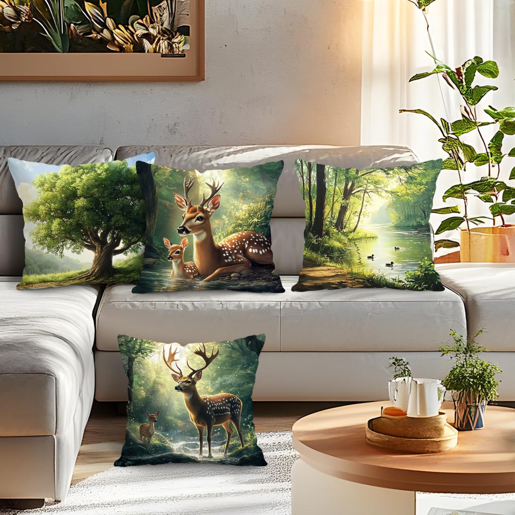 Green Forest Deer Cushion Pillowcase Printed Polyester 45X45Cm Throw Pillowcover Decorative Sofa Cushion Pillowslip Home Decor