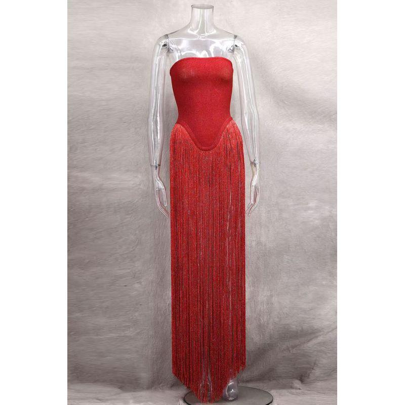 

Western Style Sexy Tube Top Tassel Split Formal Dress Dress Sexy Tassel Strapless Dress Red S