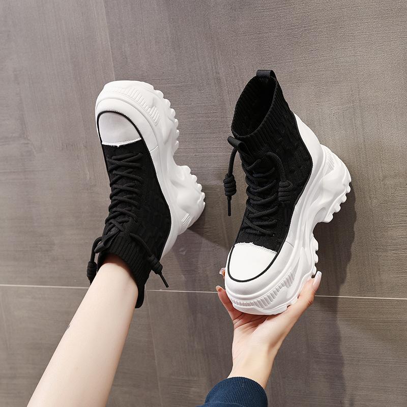Fashion 8cm Women 2024 Autumn and Winter New Thick-soled Mid-calf Boots Inside Height-raising Socks White Shoes with Muffin