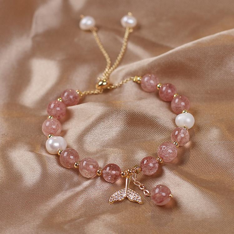 Elegant Fish Tail Natural Strawberry Quartz & Freshwater Pearl 14K Gold Filled Female Charm Bracelet  For Women Gifts