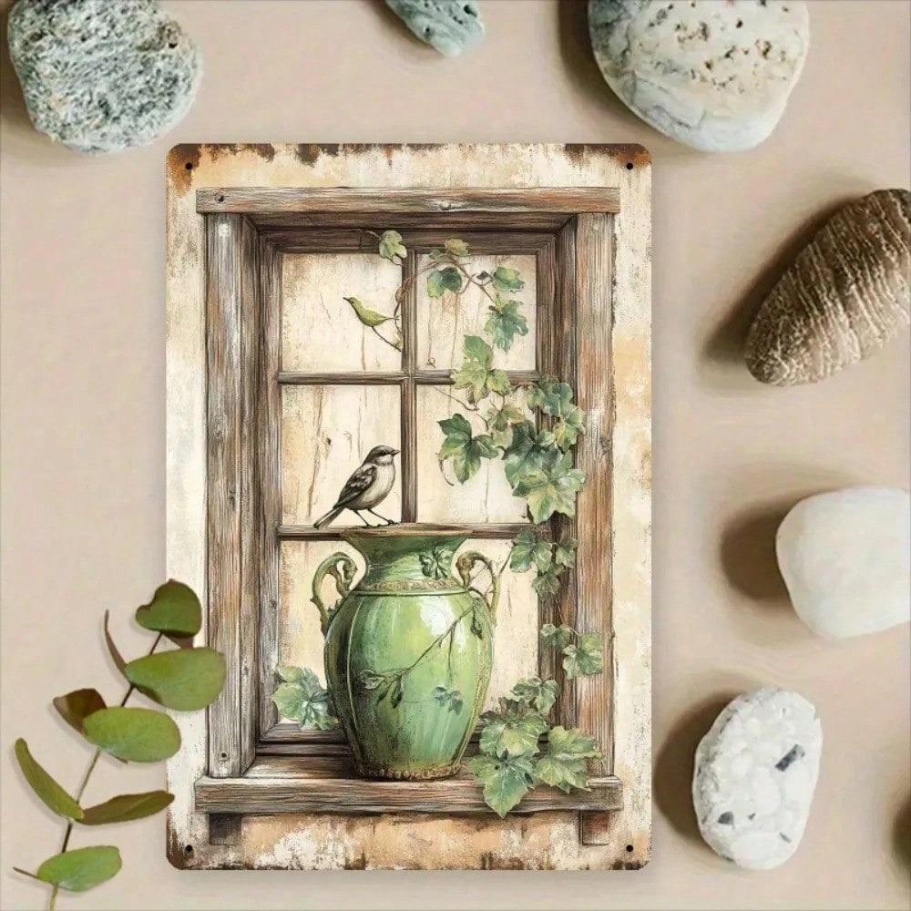 Vintage Bird Metal Wall Poster, Black Window Shape for Living Room