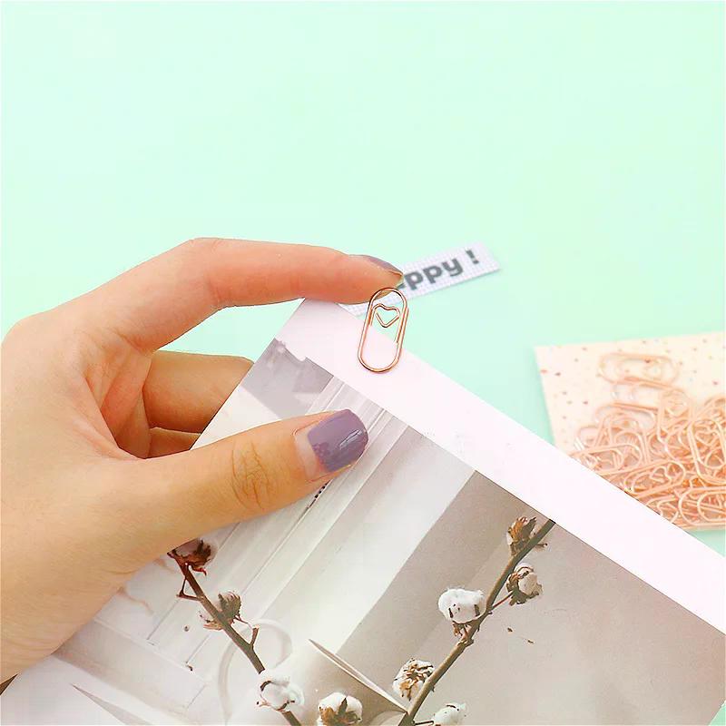 50pcs /bag Mini Heart Clip Bookmark Binder Clip Office Accessories Paper Clips Patchwork Clip Gold Rose Gold Color