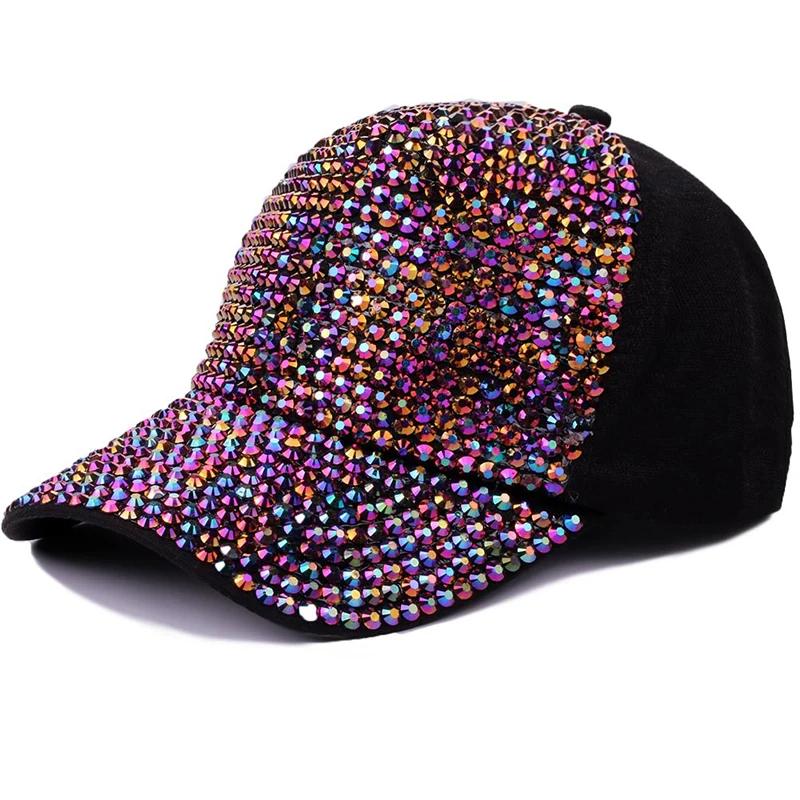 New Colorful Rhinestone Women Baseball Cap Unisex Fashion Personality Hip-hop Sun Hat All-match Pearl Sequins Snapback Mesh Caps