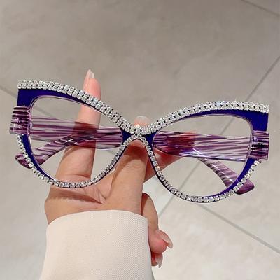 Mehrfarbiger Deko-Rahmen Schickes Kristall-Design Damenbrille Ohne Stärke Gestreift Foto-Trends Brillen für Damen