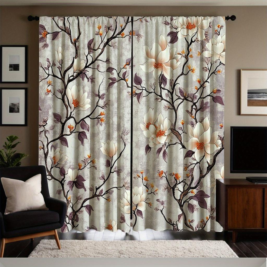 2Pc Magnolia Flower Print Curtains, Polyester Fabric, Machine Washable, Suitable For Bedroom Living Room Decoration