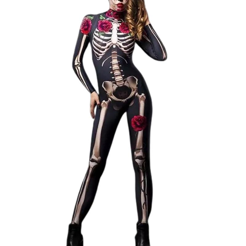 Women Halloween Party Costume Turtleneck Skull Print Long Sleeve Jumpsuit Outfit Scary Skeleton Bodysuit for Adults