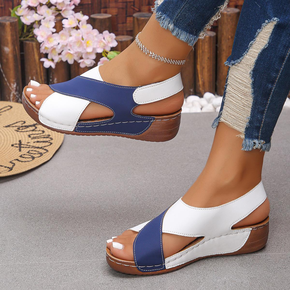 

Внешнеторговые спотовые сандалии женские новые европейские и американские большого размера с открытым носком на крестообразных ремешках на толстой подошве-маффин на липучке женские сандалии 43 44 тёмно-синий