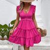 Elegant Women Solid High Waist A-Line V-neck Long Sleeve Mid-Length Dress Autumn Winter