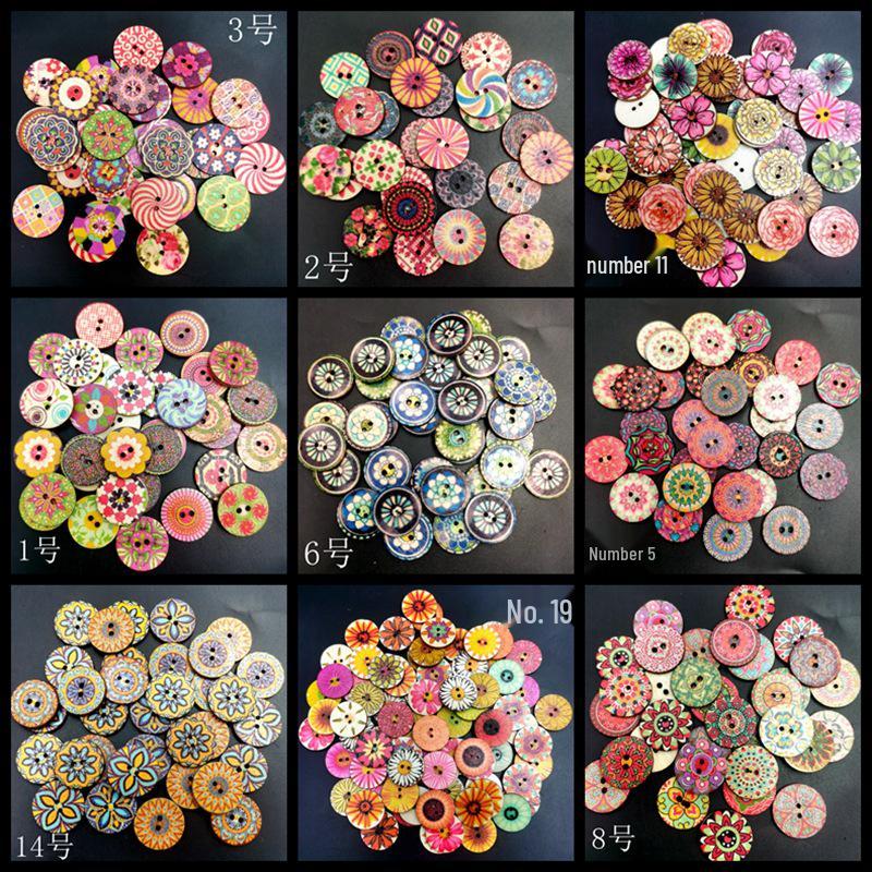 Retro Wooden Buttons for DIY & Toddler Crafts, Double Hole, 100 Pack, Colorful Print