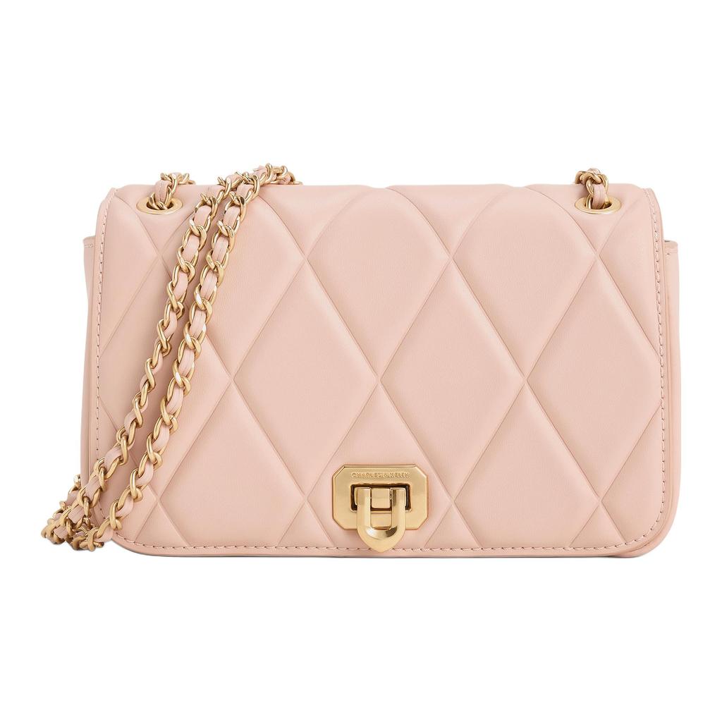 Charles & Keith Fashion Quilted Chain PU Crossbody Bag Small Women bags Cream Black Light-Pink CK2-20671747