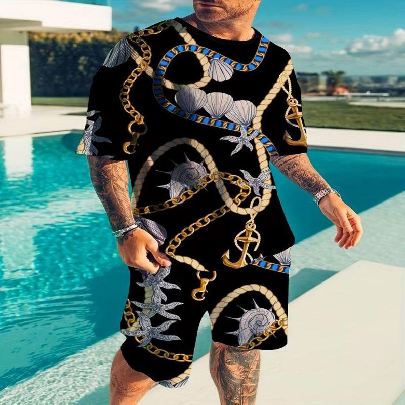 Summer Fashion Men's Suit Casual Ethnic Style 3D Printed Sportswear Short-sleeved Suit Oversized Round Neck T-shirt Shorts 2-piece