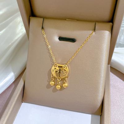 Minimalist Blessing Character Long Life Lock Furnace Real Gold Necklace Female Collarbone Chain With Jewelry