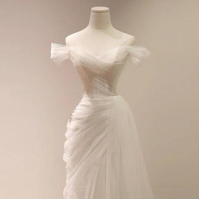 White French Light Wedding Dress One-word Shoulder Dress A-word Thin Mesh High-end Tutu Skirt Adult Banquet Dress
