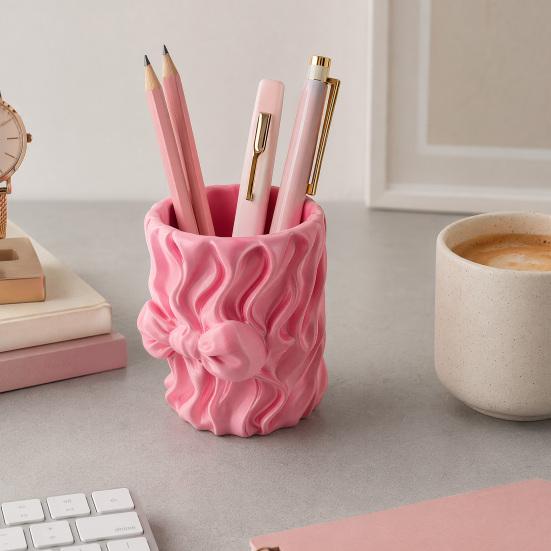 huaqianguhh Silk Texture Pen Holder, 3D Printed Desk Organizer for Brushes Stationery And Makeup Brushes, Ribbon Design Large Capacity Pencil
