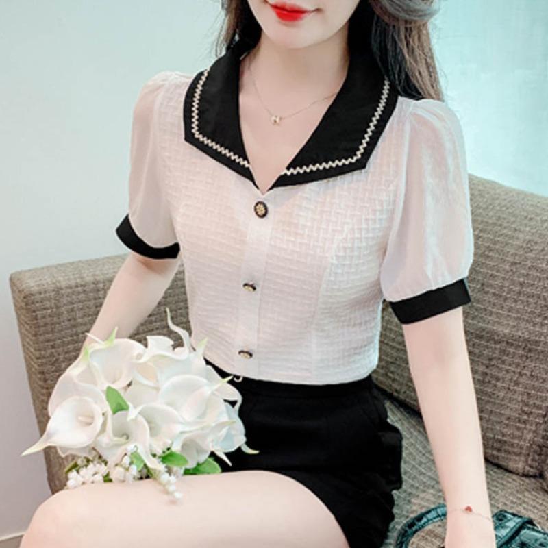 

Women s Korean-Style Slim Fit Retro Casual Top Solid Color Button Short-Sleeve Chiffon Shirt S білий