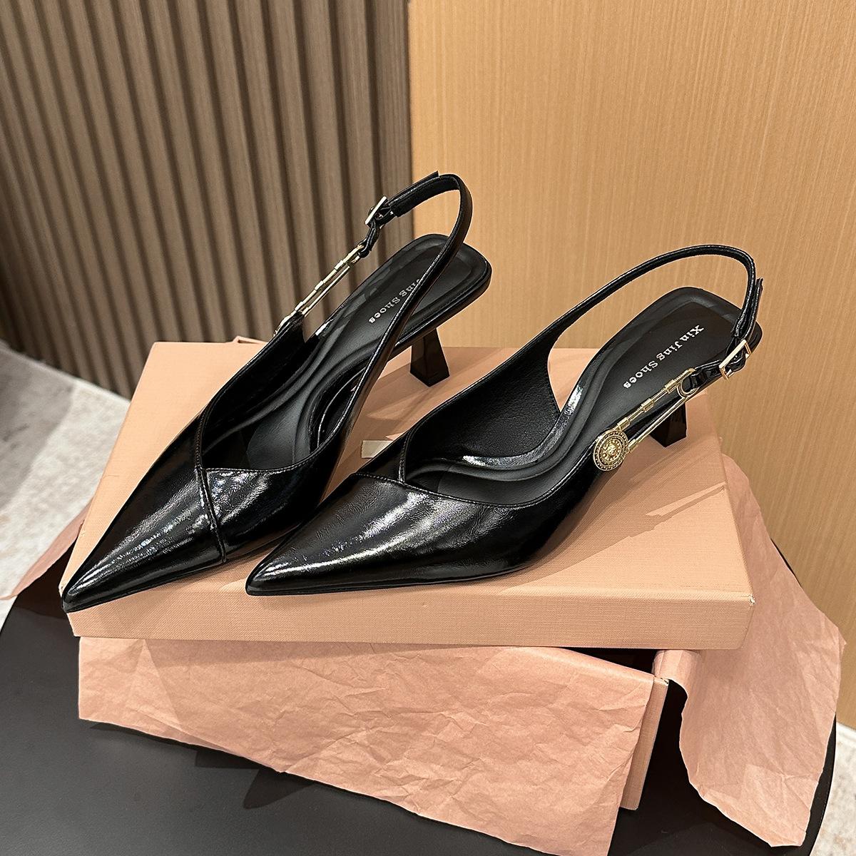 

623-9 French temperament pointed head thin heel single shoes new metal buckle high heel bag head empty high heel single shoes women 35 чёрный