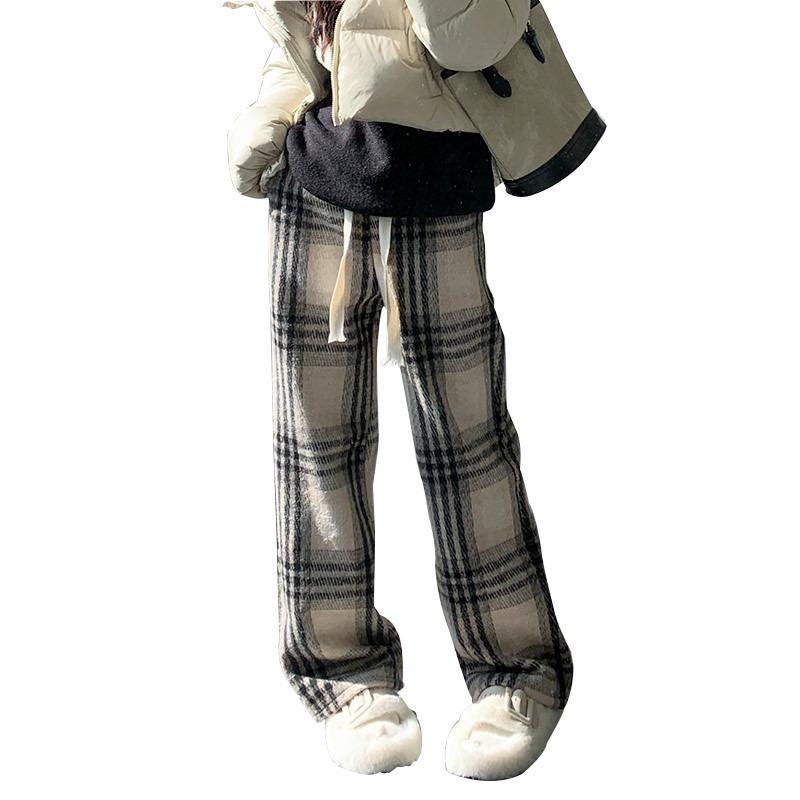 Woolen plaid pants women's spring new high-waisted coffee-colored casual straight-leg pants, thin and narrow wide-leg pants