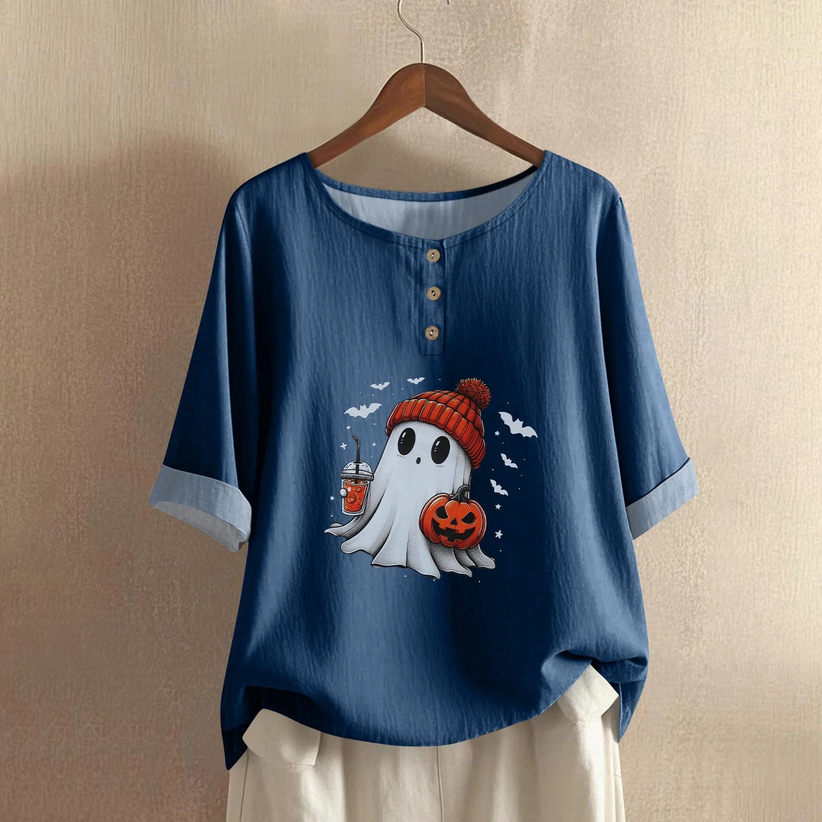 

Женская модная и повседневная рубашка с полурукавом, круглым вырезом, принтом, из хлопка и льна, блузка-топ L