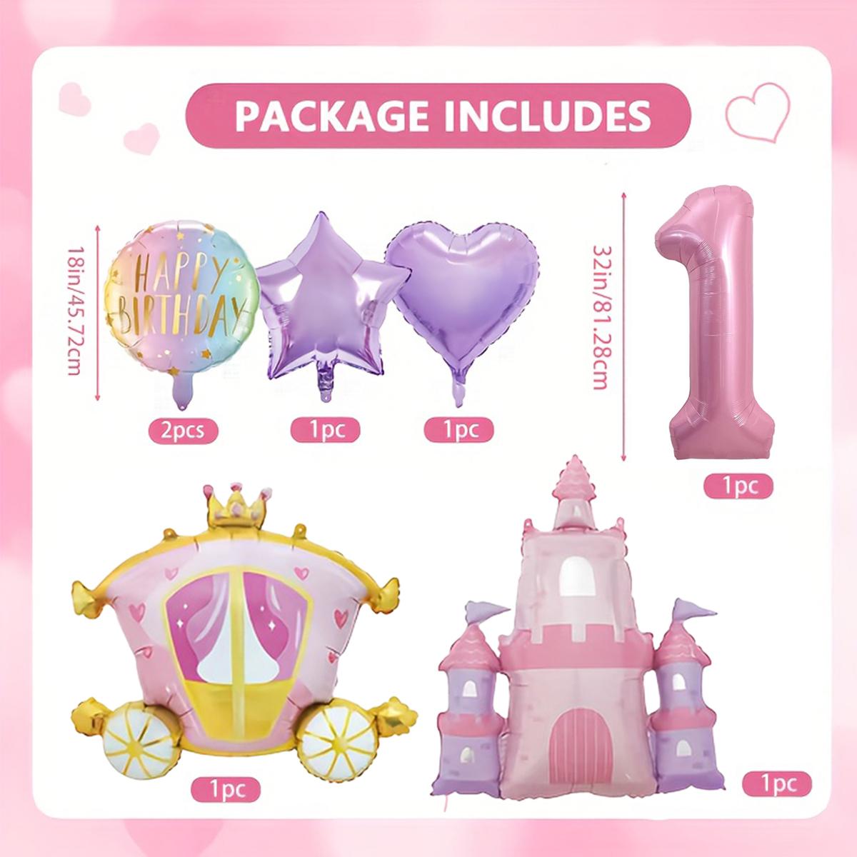 7pcs Castle Princess Balloon Set, 32inch pink number balloon, castle and carriage balloon, princess themed birthday party decor Other