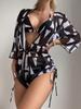 Fashionable Deep V Neck Long Sleeve Tulle Cover Up With Printed Halter Neck Tie Side Bikini 3 Piece Beach Vacation Swimwear Set