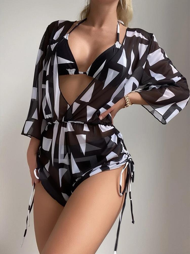 Fashionable Deep V Neck Long Sleeve Tulle Cover Up With Printed Halter Neck Tie Side Bikini 3 Piece Beach Vacation Swimwear Set