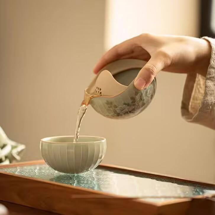 Secret Yellow Spherical Round Fusion Kuaike Ru Kiln A Pot And A Cup Of Travel Tea Set Flower And Bird Picture Outdoor Portable Tea Set Small Set