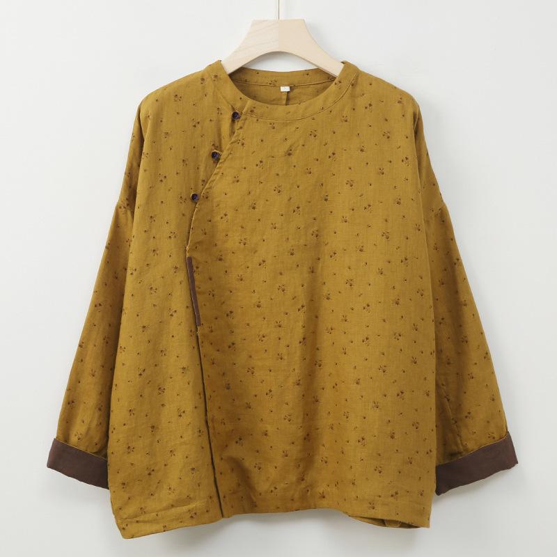 Johnature Women Vintage Shirts Print Floral O-Neck Long Sleeve Blouses Spring Button Chinese Style Shirts