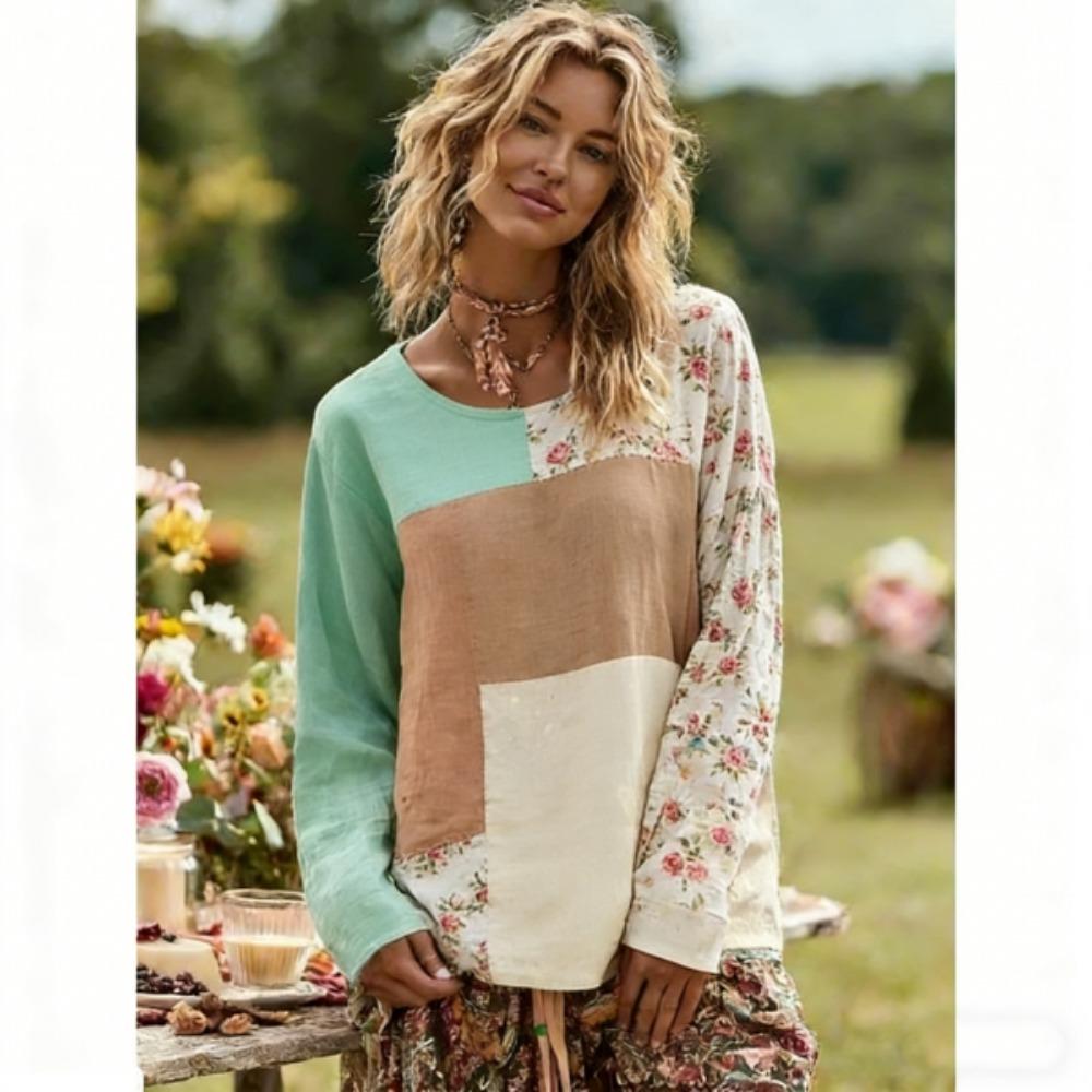 Mode Europe Amérique T-shirt Femme Pull Style Bohème T-shirt Manches Longues Femme Hauts Décontractés d'Extérieur