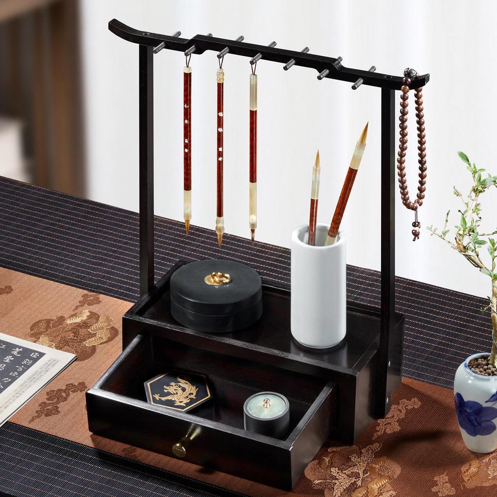 New Chinese Style Solid Wood Calligraphy Brush Holder and Tray: Four Treasures of the Study Display and Storage Rack.