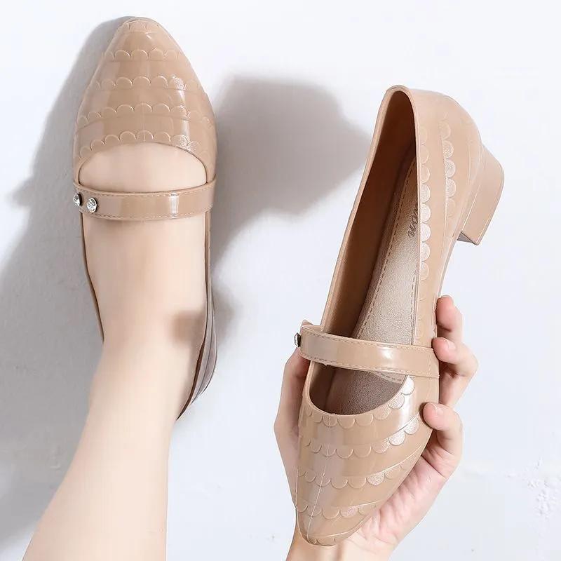 WTEMPO Women Large Size Solid Color Casual Single Shoes PVC Waterproof Non-slip Soft Low Thick Heel Work Shoes