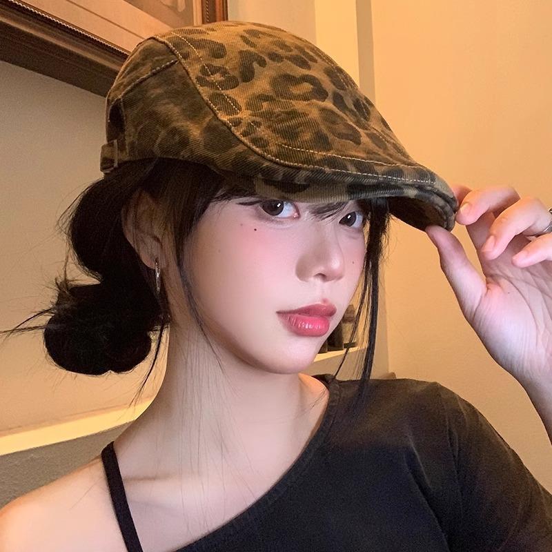 Amerykański Retro Gorąca Dziewczyna  Panterka Czapka z Daszkiem  Jesienny Beret  Wszechstronny i Wyszczuplający Twarz  Niszowy Kapelusz
