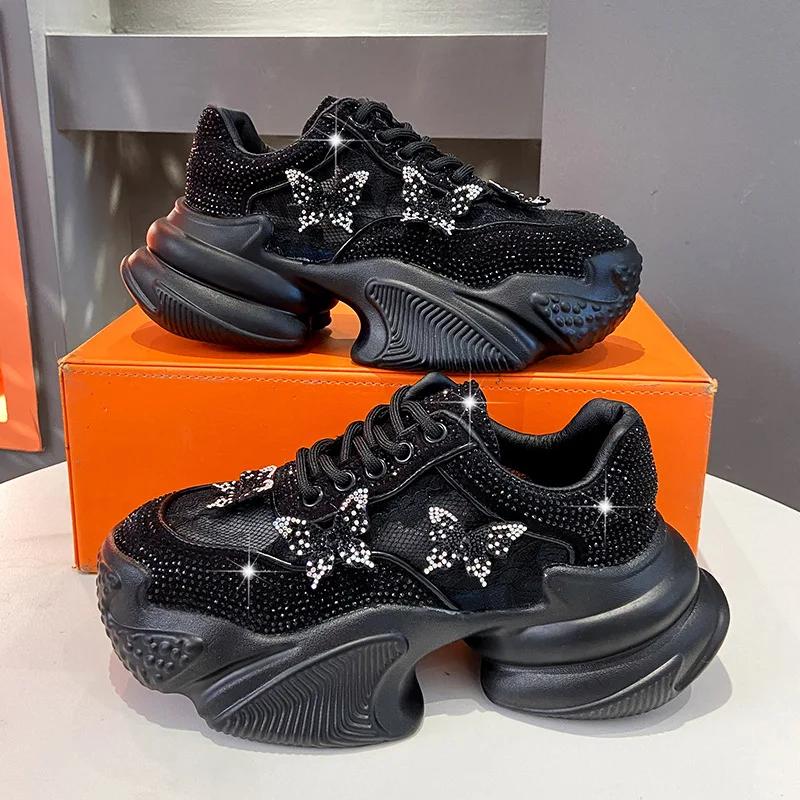 Fashion Diamond Thick Bottom Daddy Shoes Women 2024 Spring and Autumn New Soft Bottom Breathable Mesh Fashion Casual Sports Shoes Tide