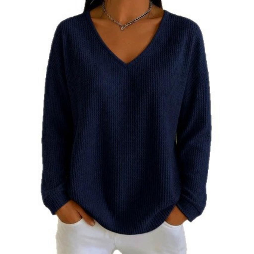T-shirt à manches longues gaufré col en V décontracté ample pour femme Automne Hiver Couleur unie Haut polyvalent pour Européen Américain