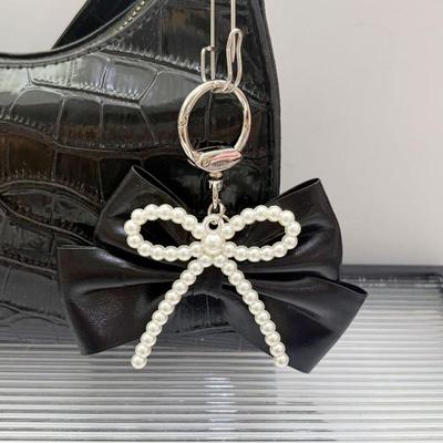 Pearl Leather Bow Keychain Bow Beaded Charm Pendant Keyring Jewelry For Girl Women Gift Bag Decoration