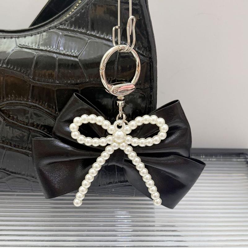 Pearl Leather Bow Keychain Bow Beaded Charm Pendant Keyring Jewelry For Girl Women Gift Bag Decoration