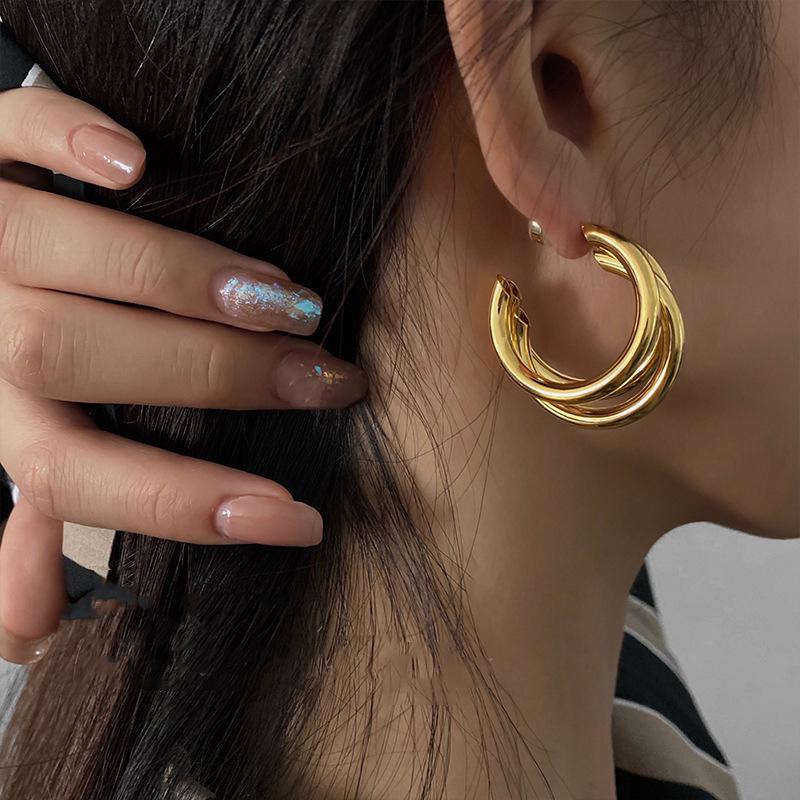 Chunky Earrings C-Type Triple Circle Hoops Earrings for Women Gold Color Alloy Three Circles Hoop Earrings Fashion Zircon Gift