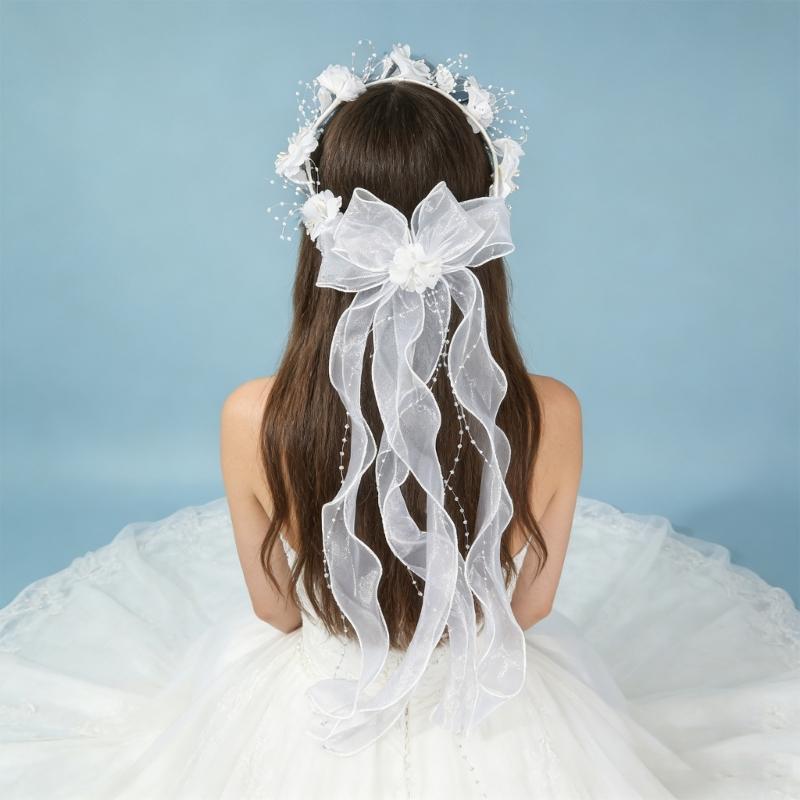Handmade Vine Bridal Wreath Veil Headwear Features 3D Floral Accent Lightweight Comfort for Extended Wedding Wear