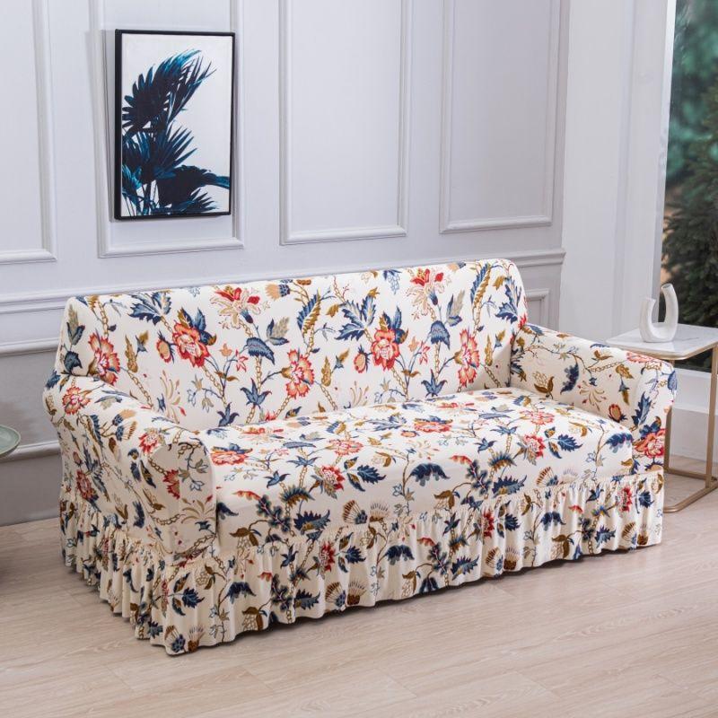 Floral Digital Print Elastic Sofa Cover with Ruffled Hem - Stretchy One-Piece Design, Adjustable Straps  Couch Covers for Sofa