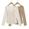 Double-Layer Lace Applique Comfortable Pleated U-Neck Long-Sleeve Feminine Waist-Slimming T-shirt